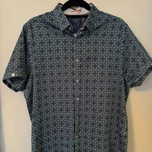 Ted Baker Men's casual button down navy and green short-sleeve shirt